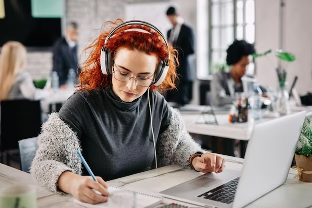 Redhead business woman uses a laptop and writes notes in her notebook