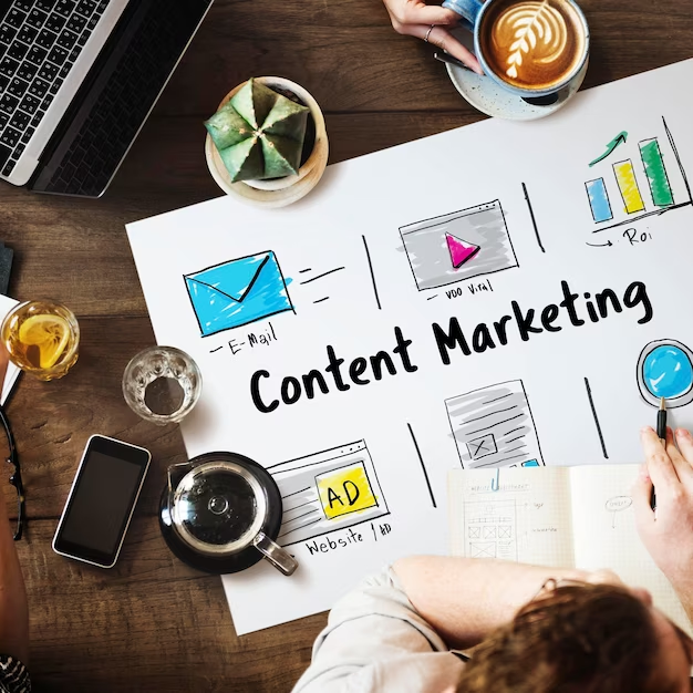 A man sits at a table on which is a poster with the inscription content marketing