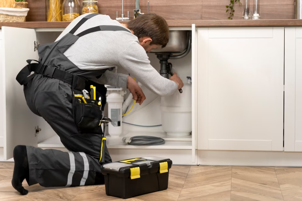 man repairing sink in the kitchen kneeling down, equipment near him